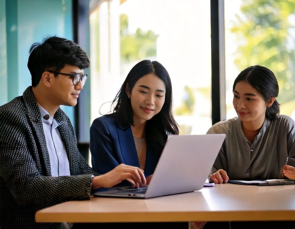 Firefly A small group of 3–4 diverse Asian learners discussing and collaborating while using laptop
