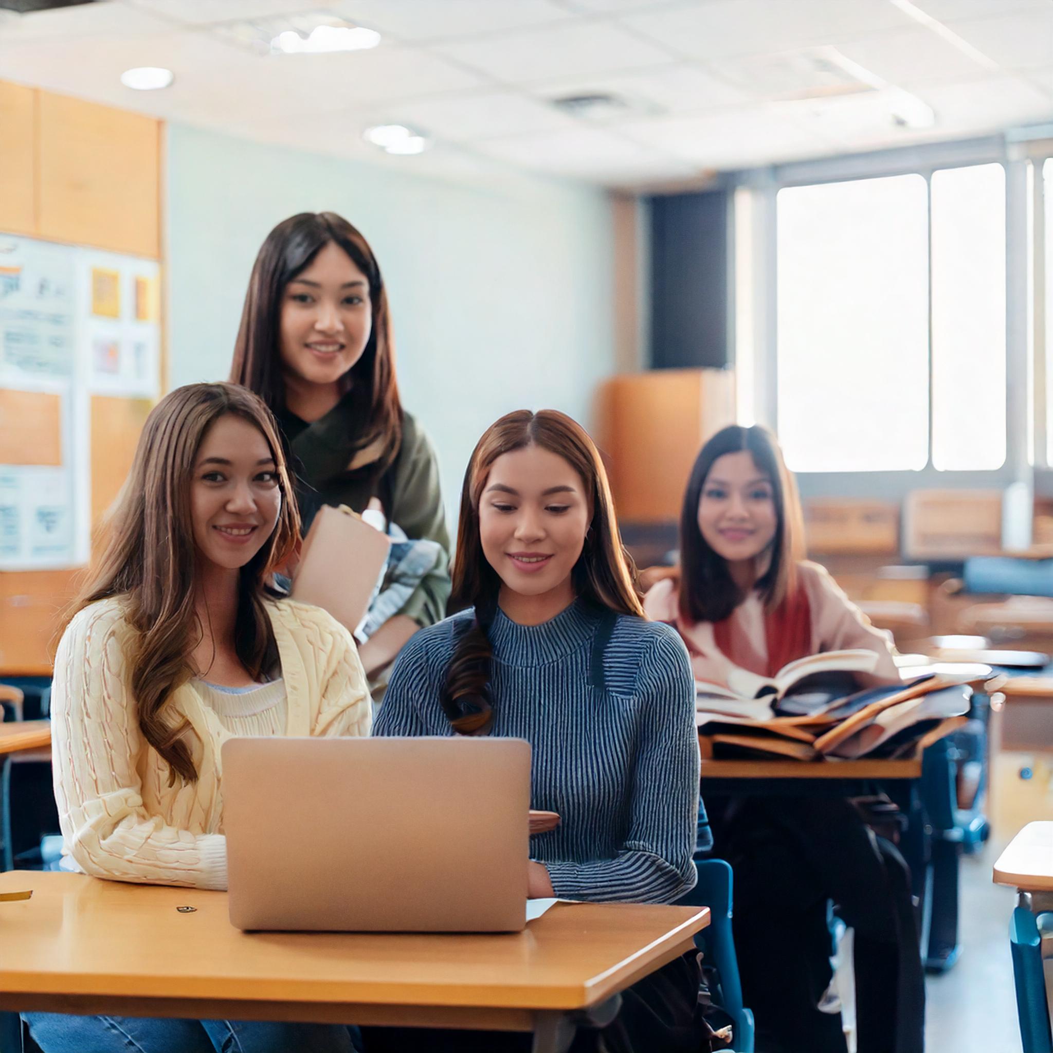 Firefly four girls asia students in class at the back of furniture with a book and laptop 825